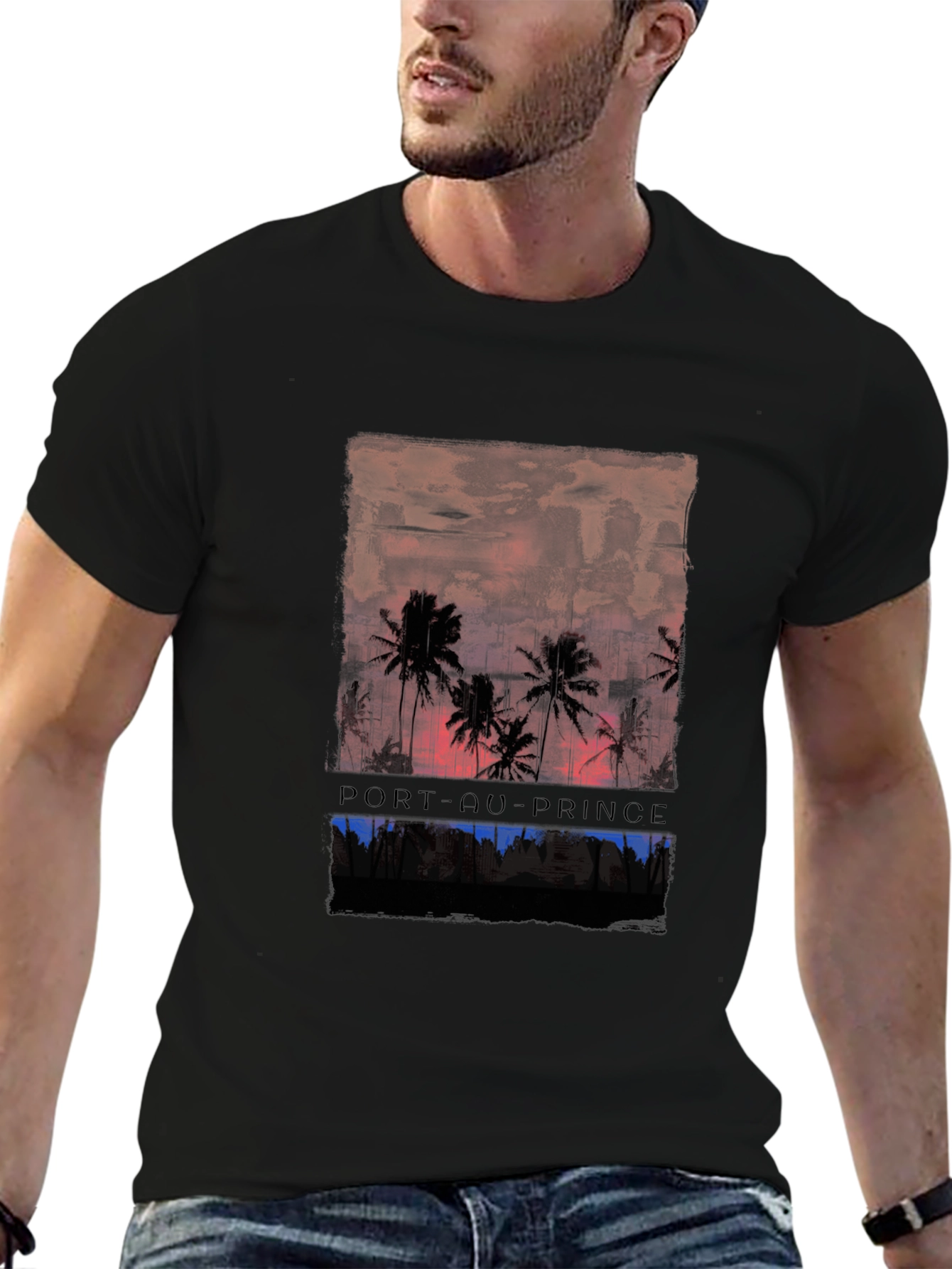 Port-au-Prince Graphic Tee - Tropical Sunset Design