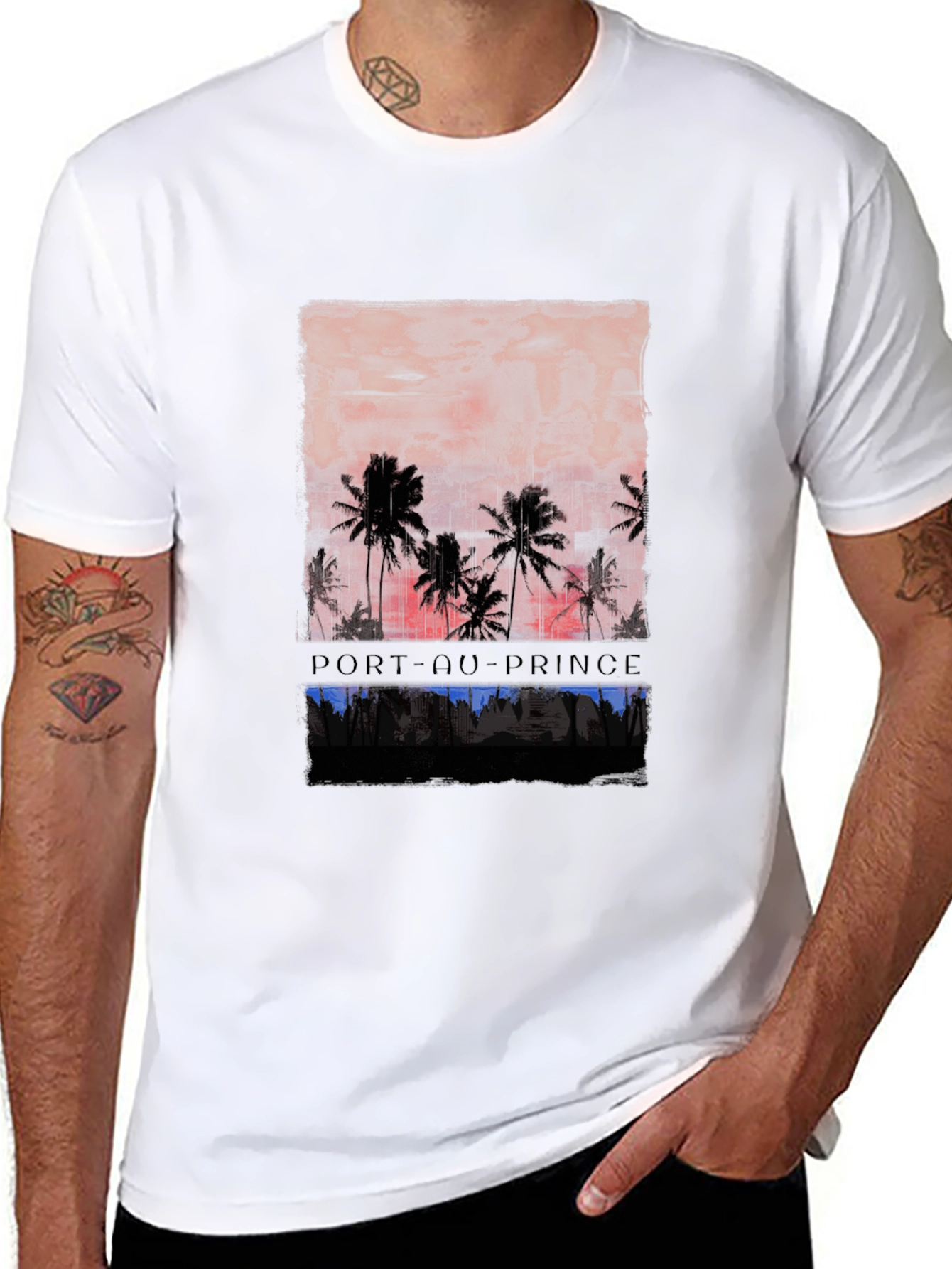 Port-au-Prince Graphic Tee - Tropical Sunset Design