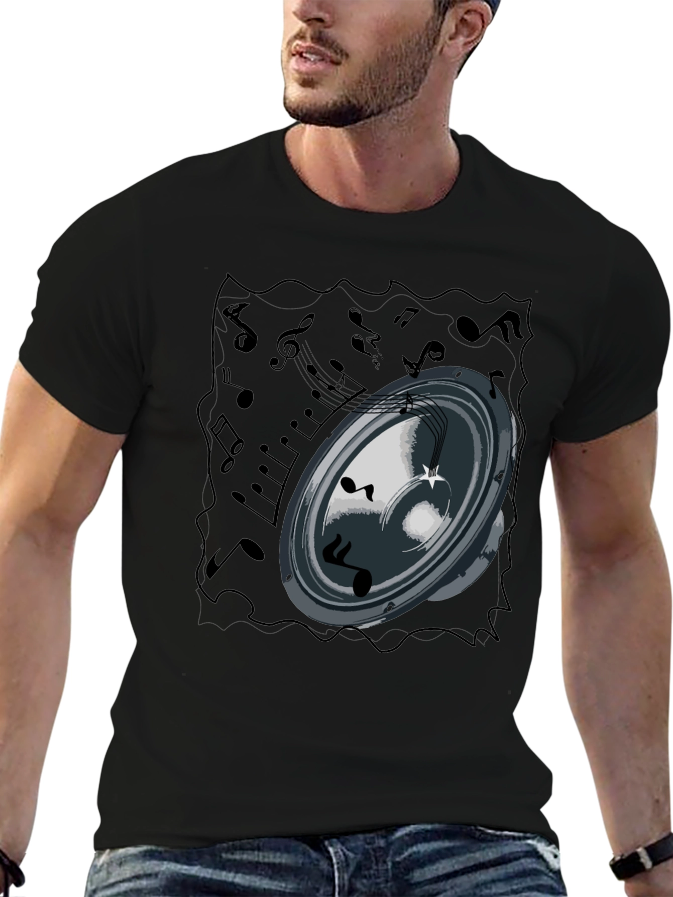 Music Speaker Graphic Tee - Black Cotton T-Shirt