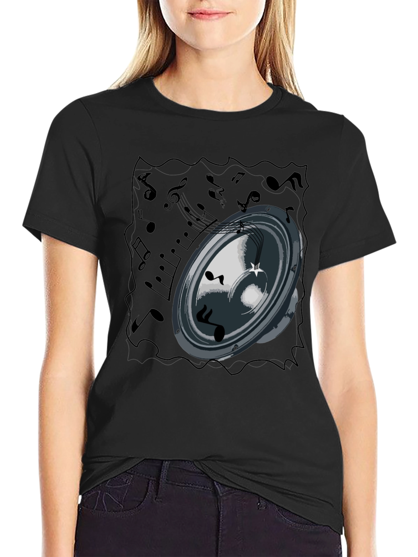 Music Speaker Graphic Tee - Black Cotton T-Shirt
