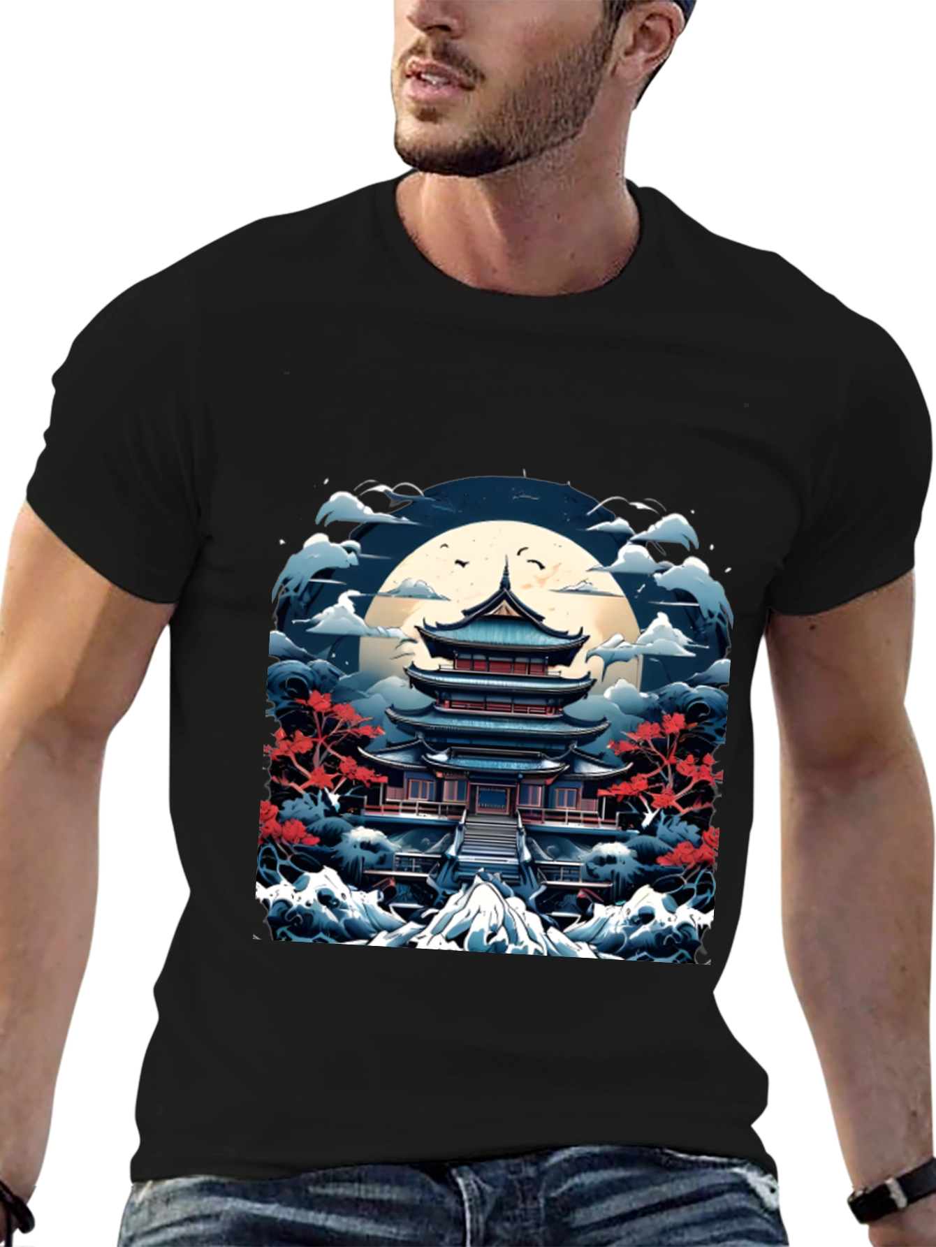 Japanese Pagoda T-Shirt Black Cotton Tee