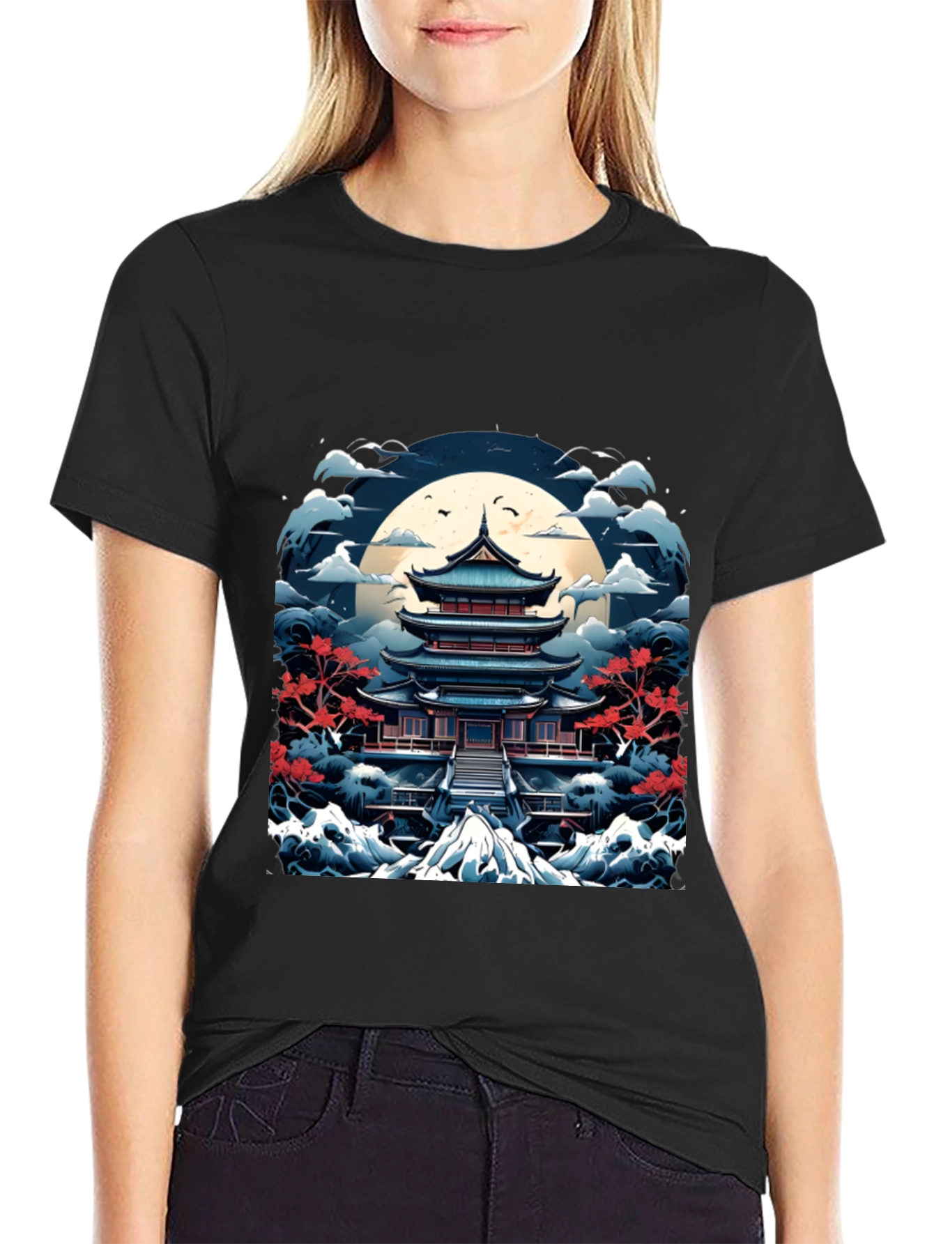 Japanese Pagoda T-Shirt Black Cotton Tee