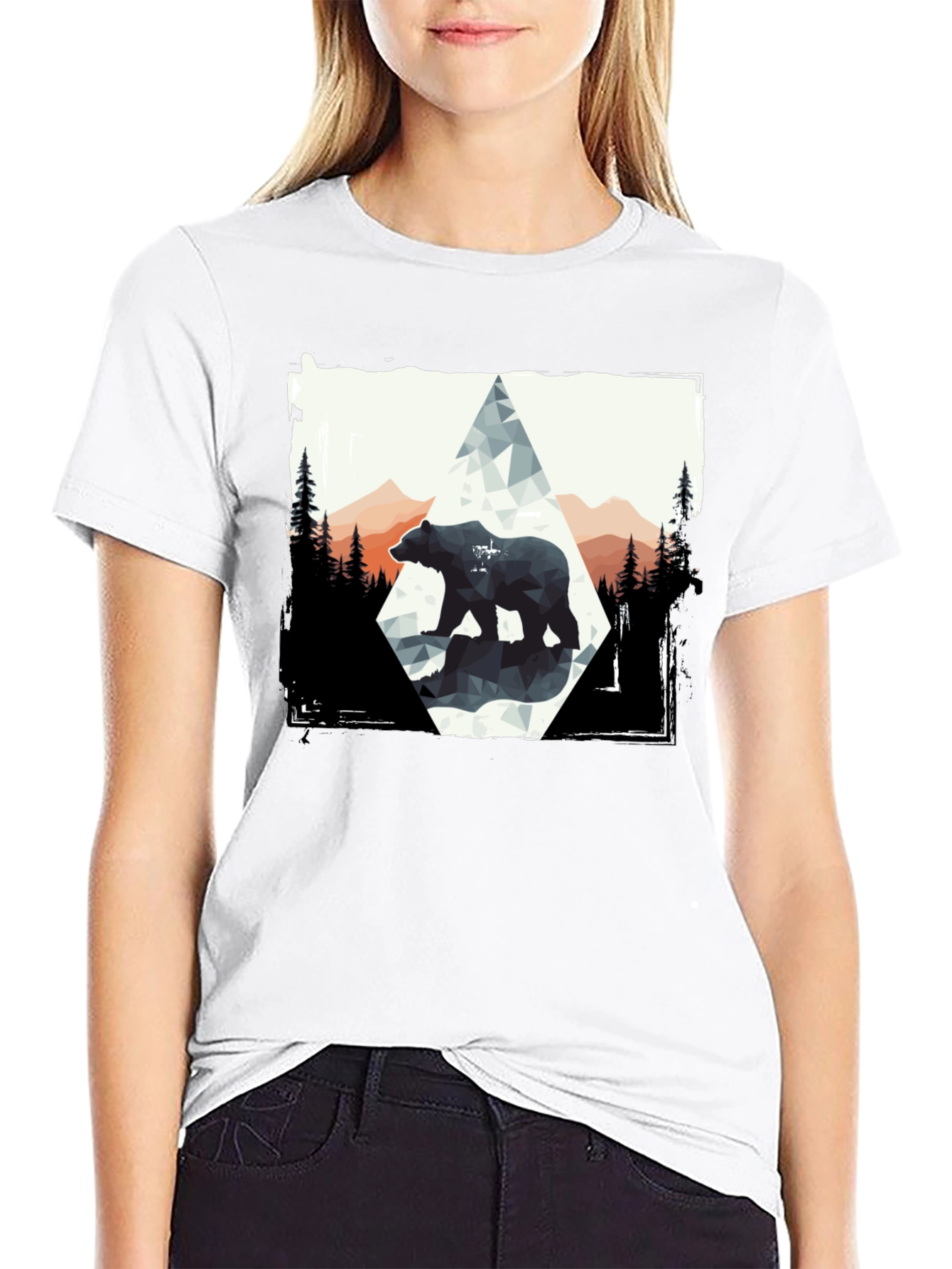 Geometric Bear Graphic Tee - Black