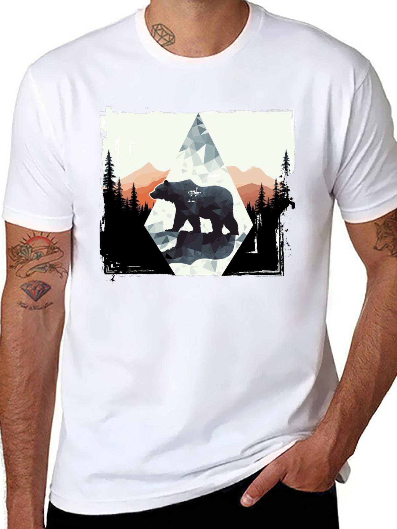 Geometric Bear Graphic Tee - Black