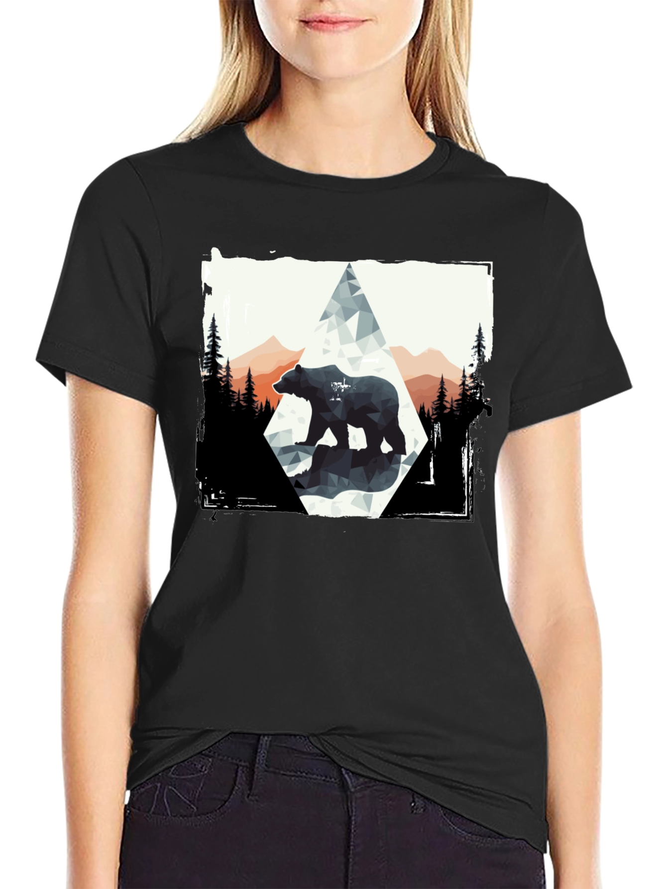 Geometric Bear Graphic Tee - Black