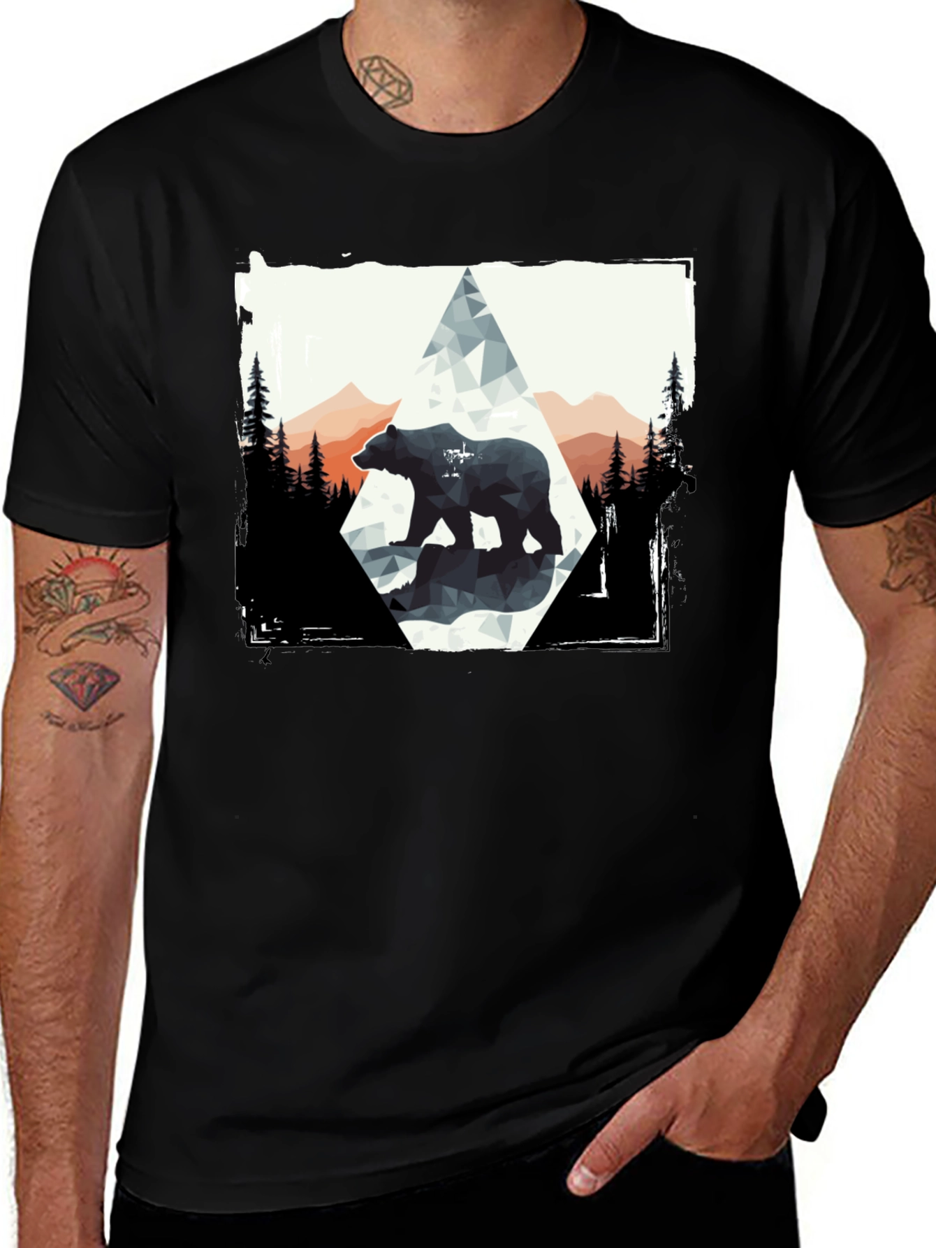 Geometric Bear Graphic Tee - Black