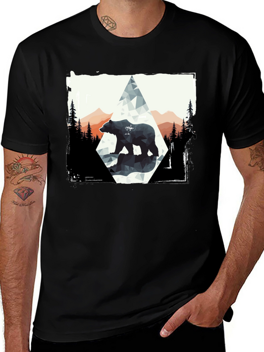 Geometric Bear Graphic Tee - Black