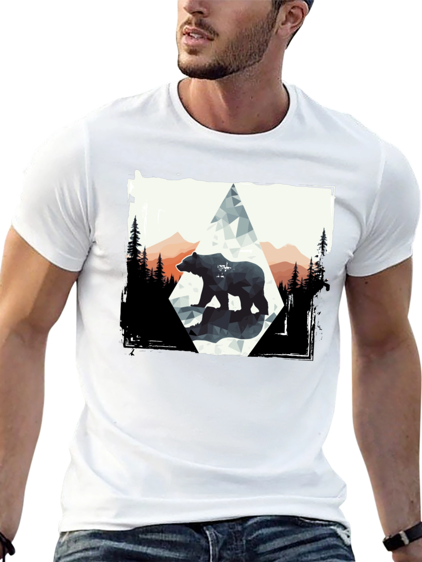 Geometric Bear Graphic Tee - Black