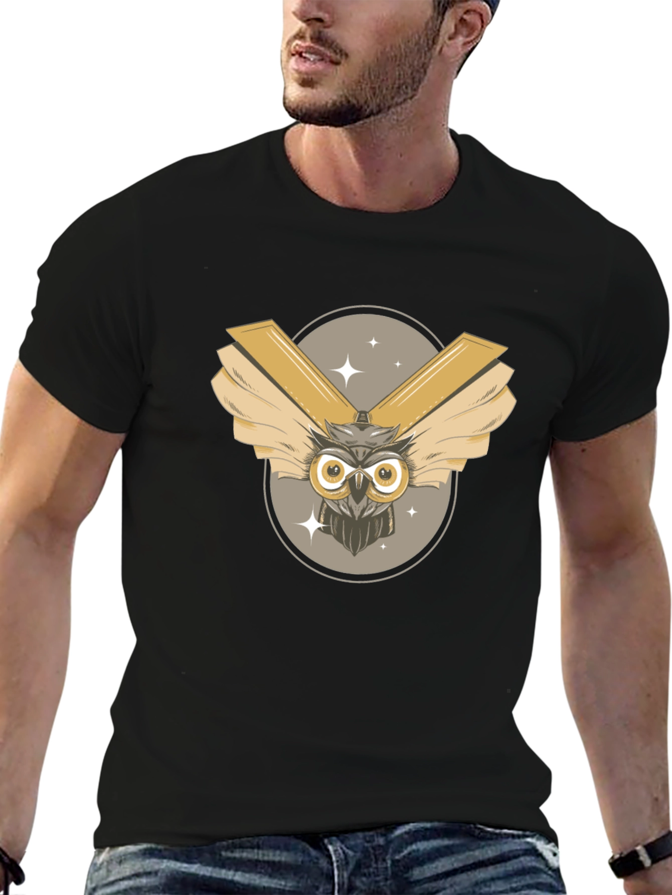 Owl Graphic Print Black T-Shirt
