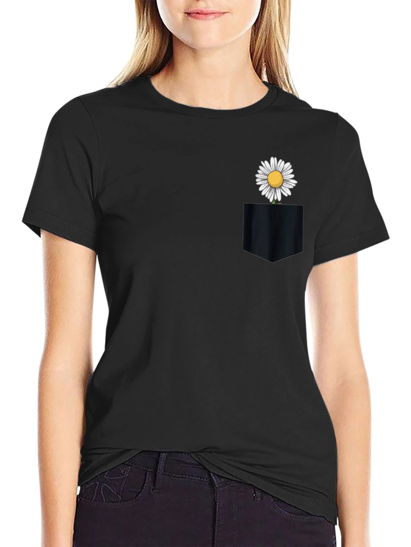 Daisy Pocket Tee - Black Cotton Casual