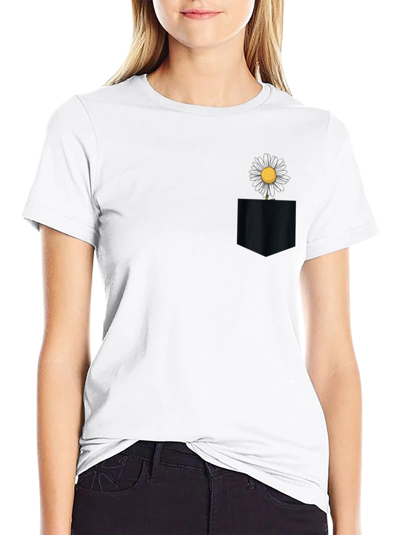 Daisy Pocket Tee - Black Cotton Casual