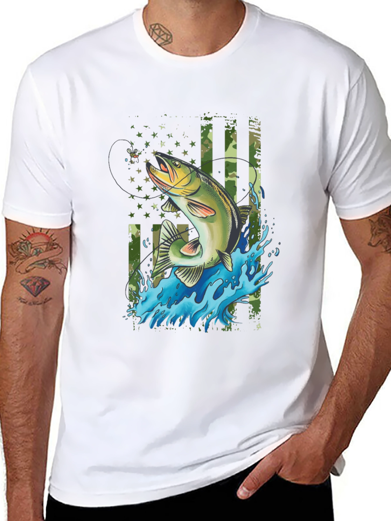 Fishing T-Shirt - American Flag Bass Design
