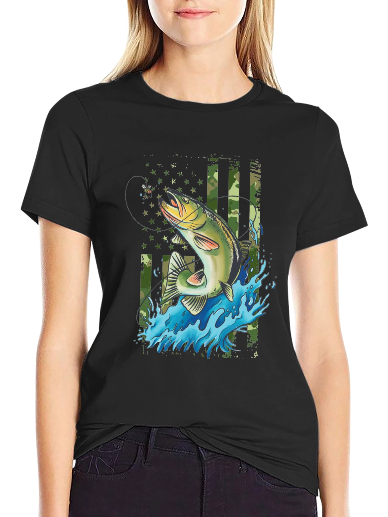 Fishing T-Shirt - American Flag Bass Design