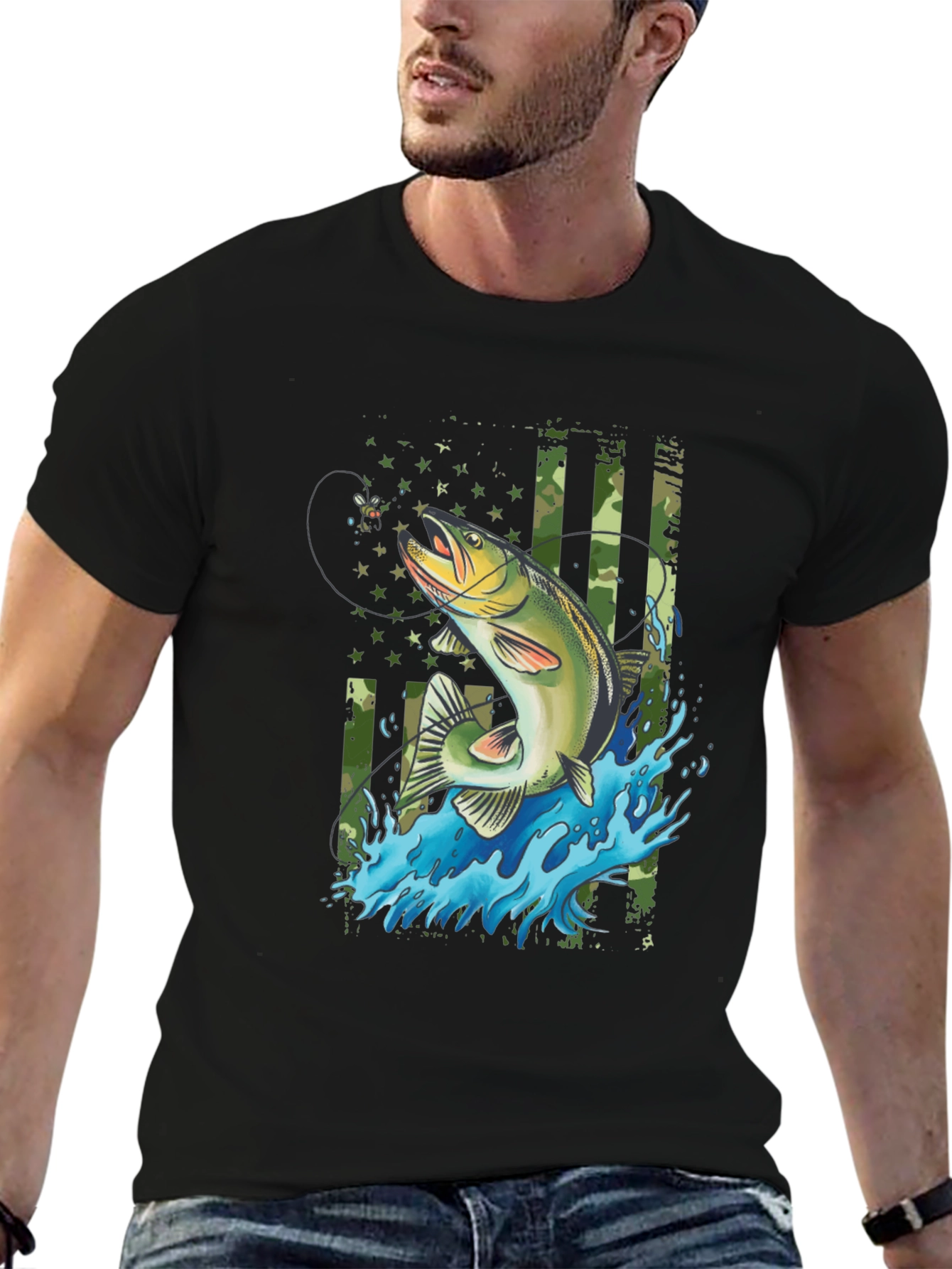 Fishing T-Shirt - American Flag Bass Design