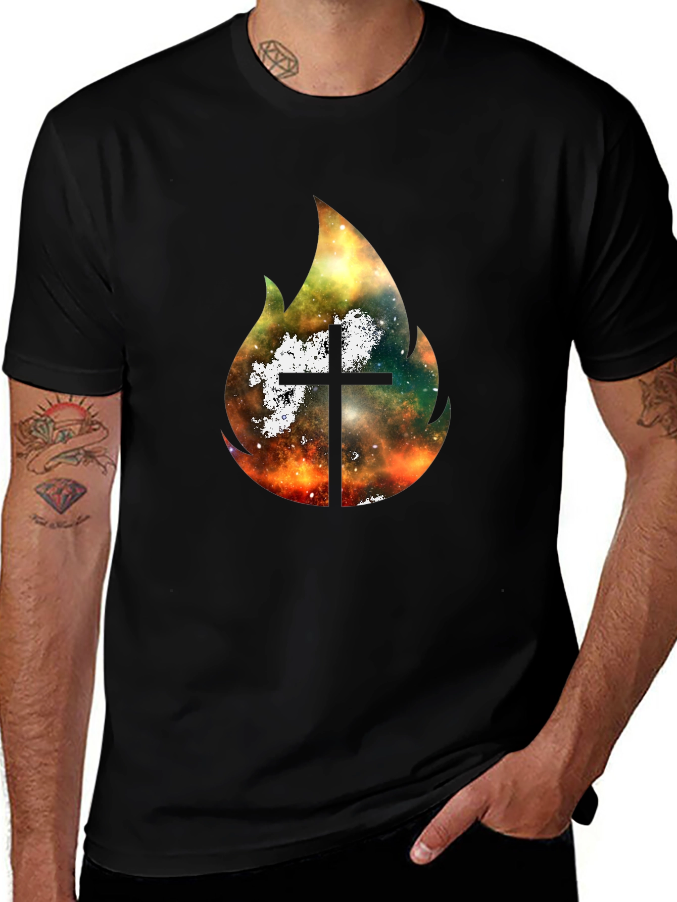 Celestial Cross Flame Graphic T-Shirt