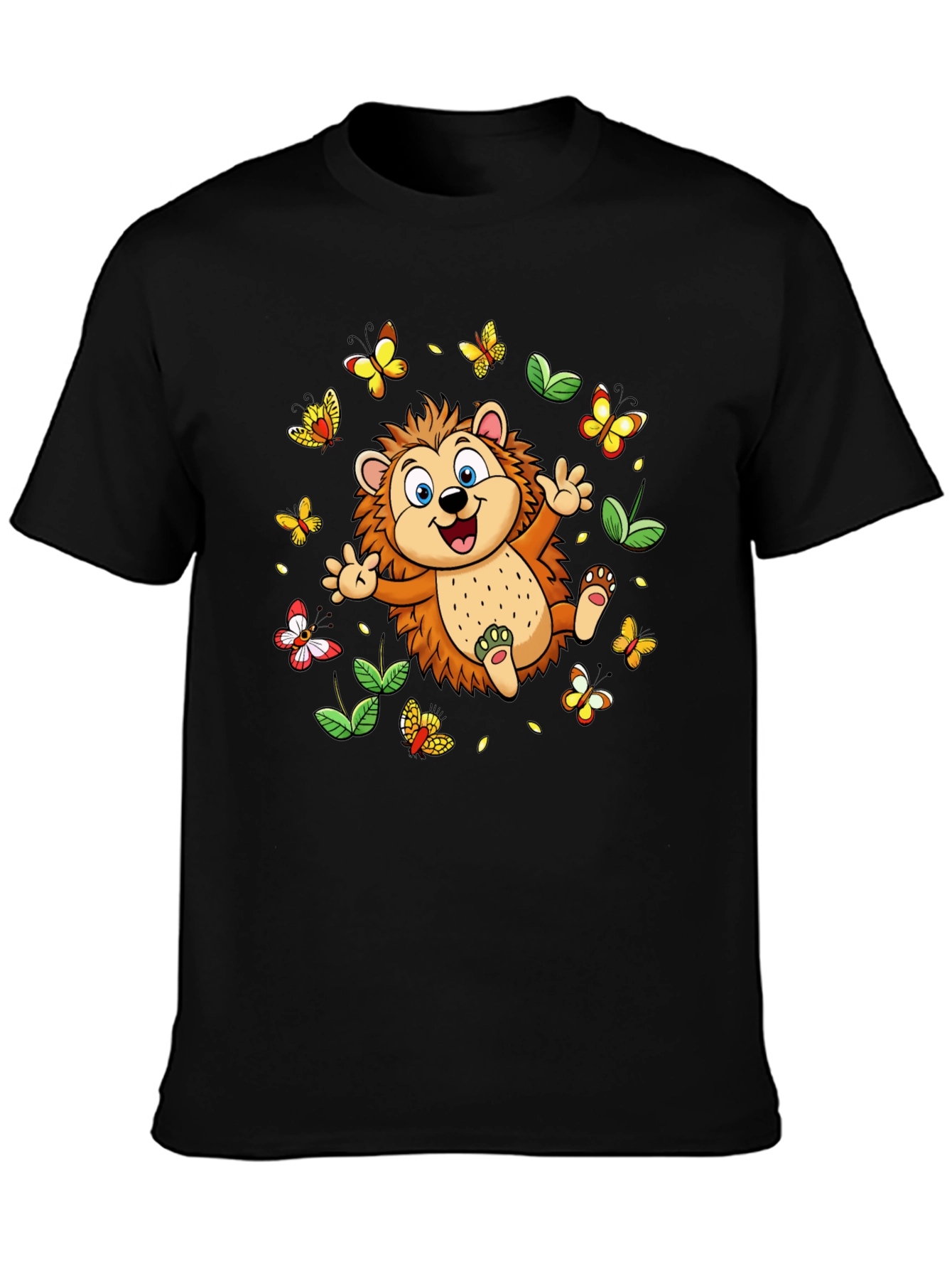 Cute Hedgehog & Butterflies Black T-Shirt