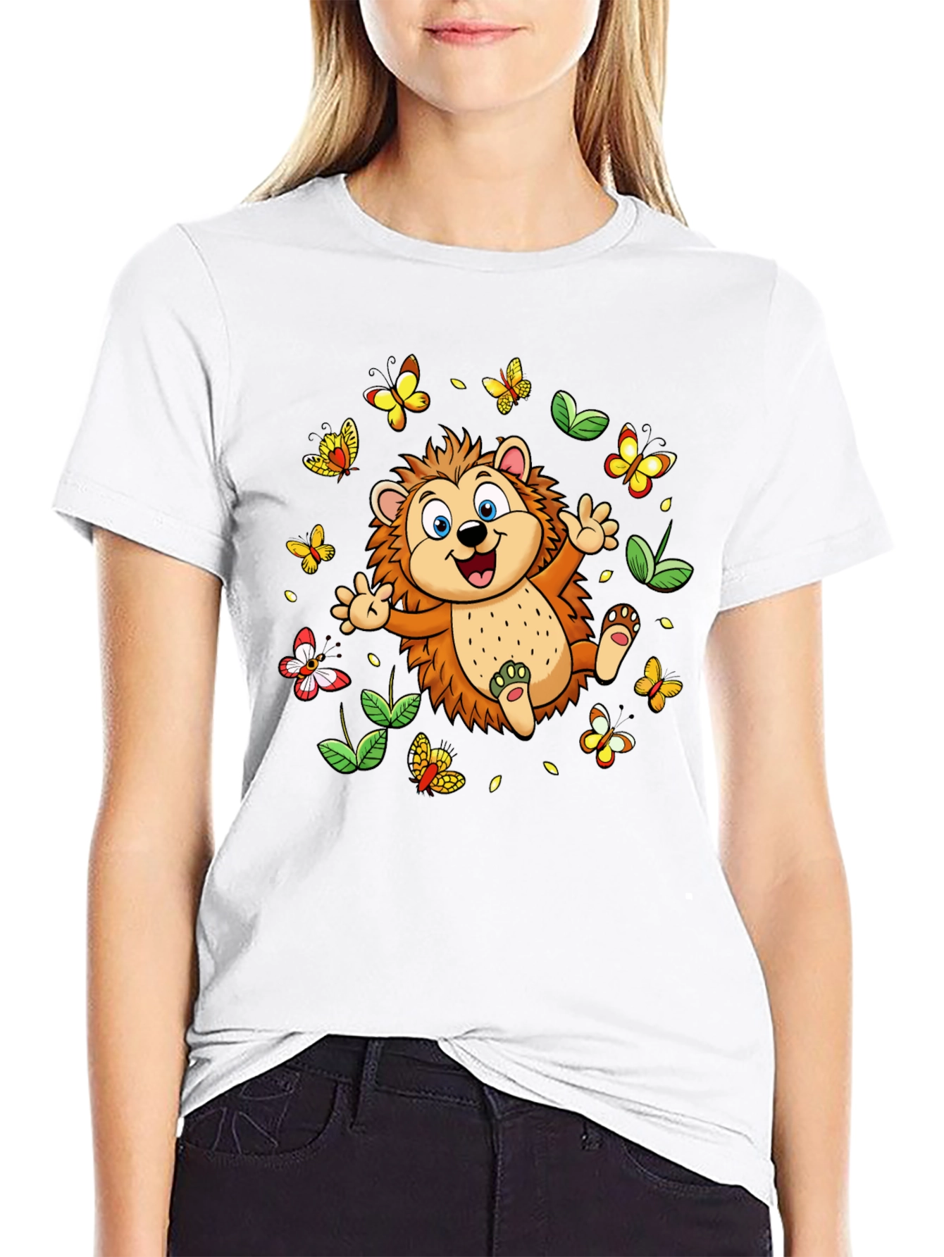Cute Hedgehog & Butterflies Black T-Shirt