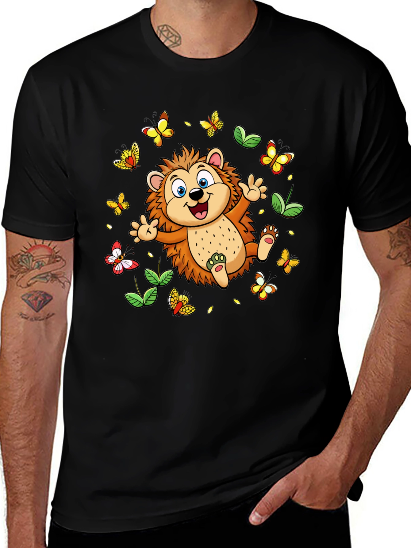 Cute Hedgehog & Butterflies Black T-Shirt