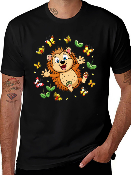 Cute Hedgehog & Butterflies Black T-Shirt