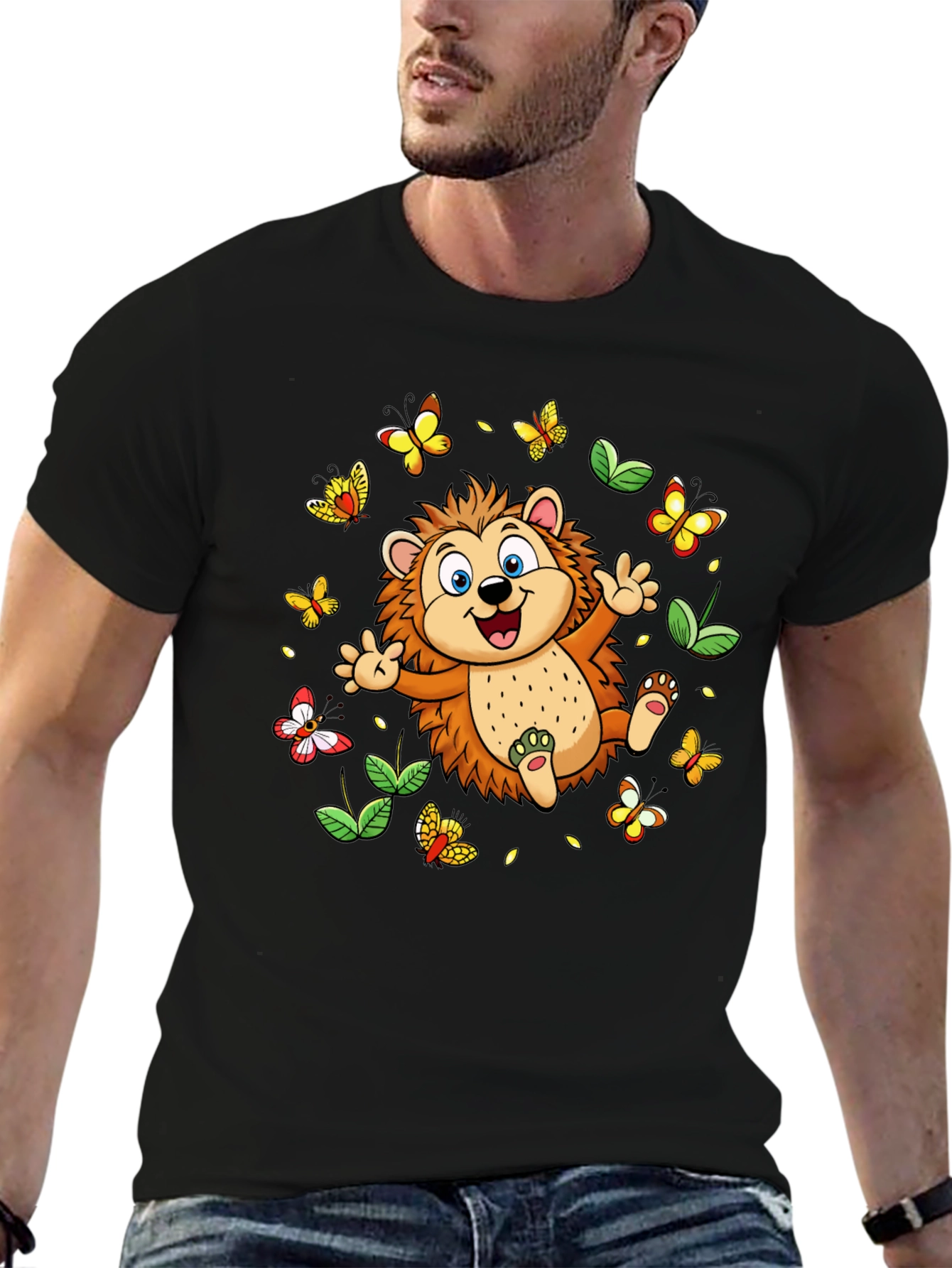 Cute Hedgehog & Butterflies Black T-Shirt
