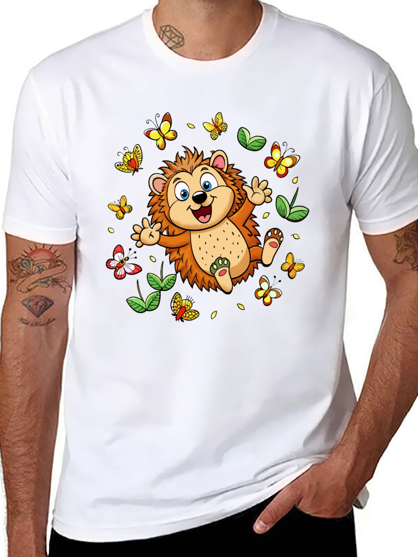 Cute Hedgehog & Butterflies Black T-Shirt