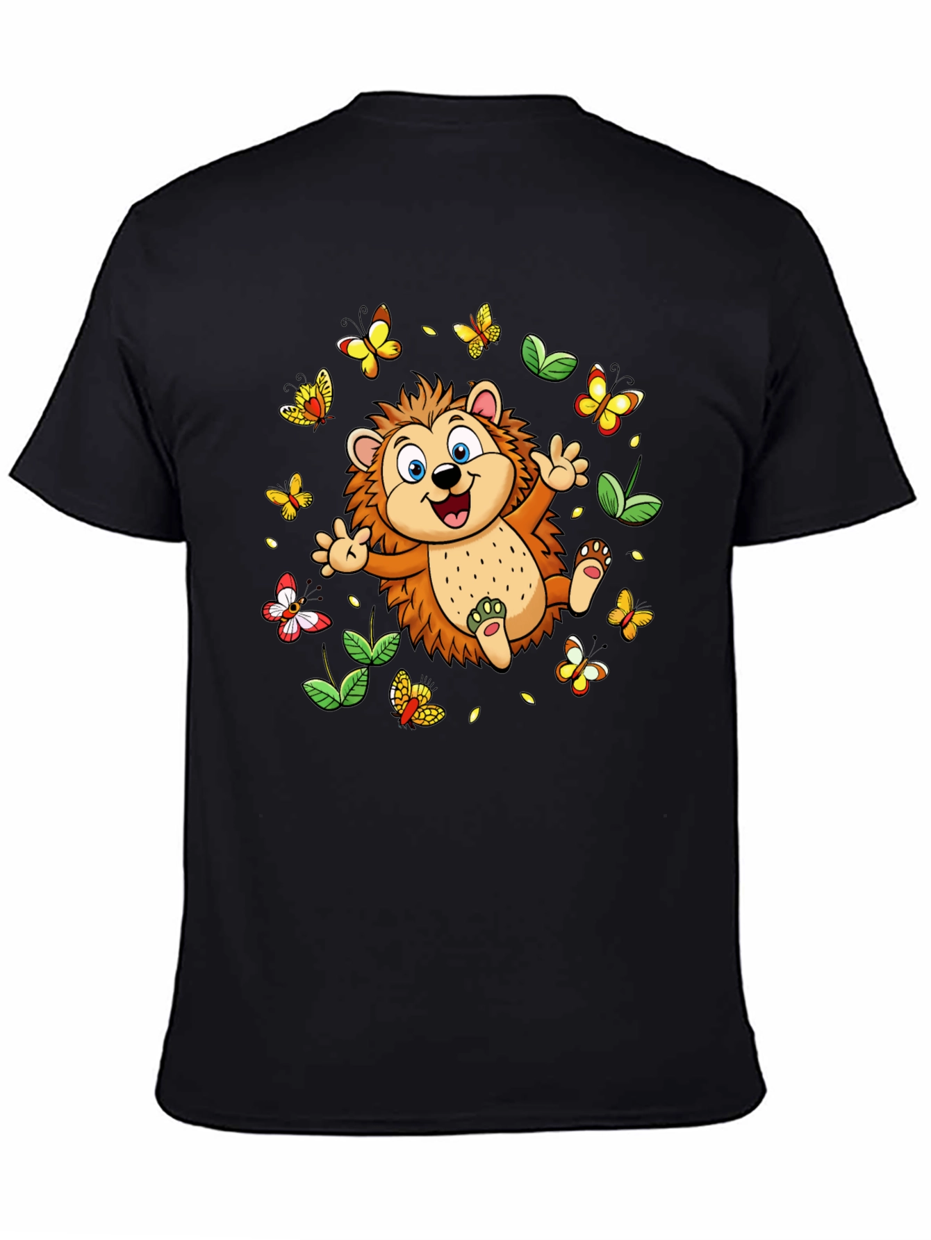 Cute Hedgehog & Butterflies Black T-Shirt