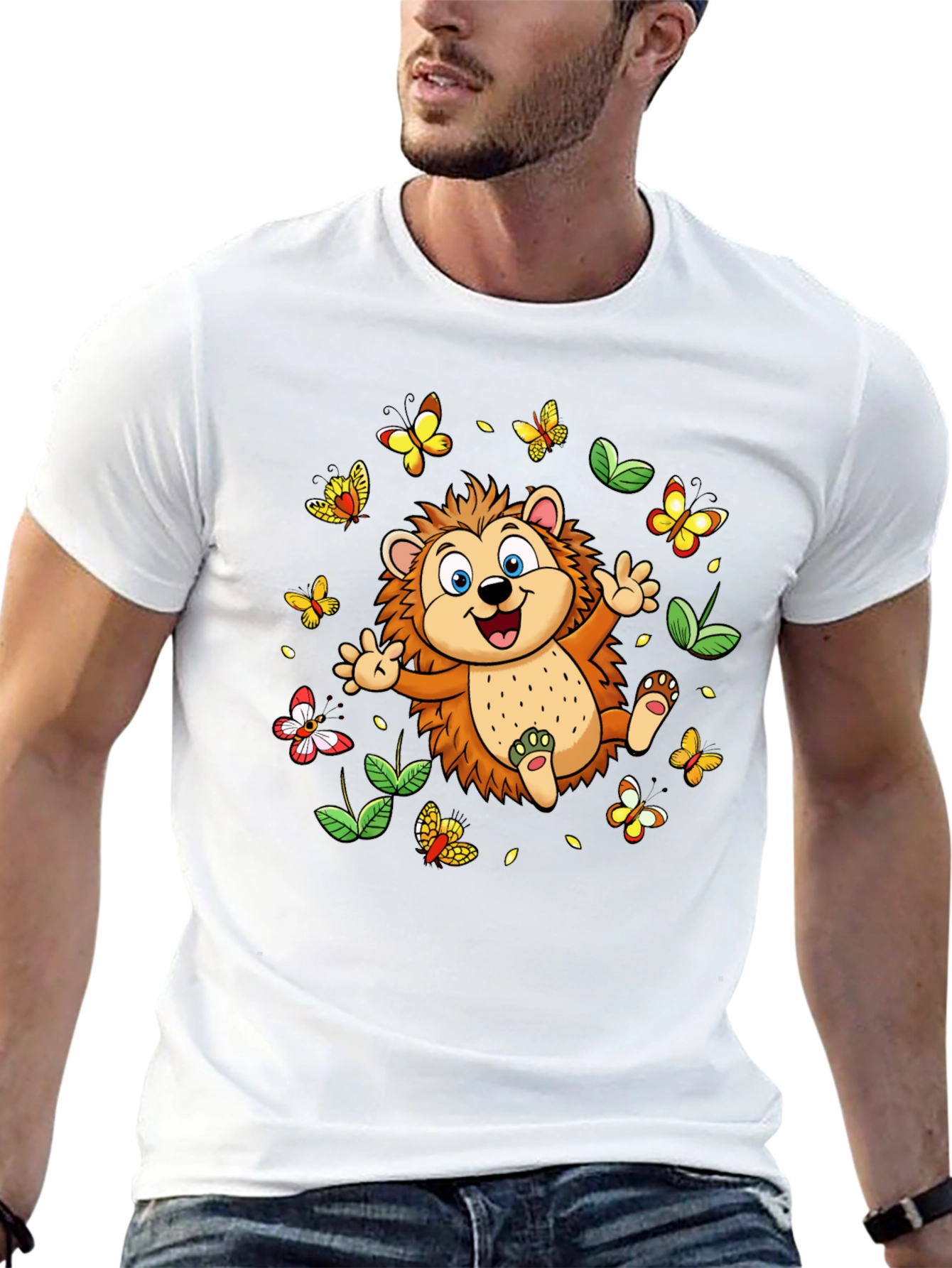 Cute Hedgehog & Butterflies Black T-Shirt