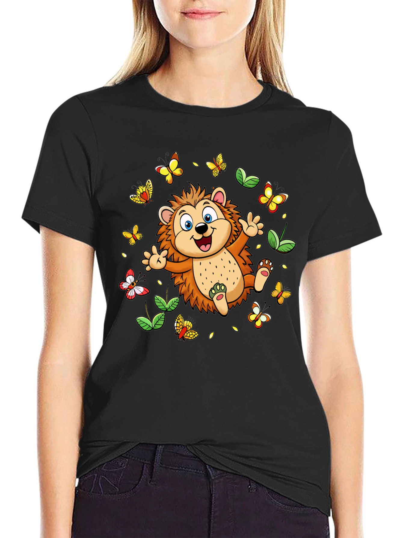 Cute Hedgehog & Butterflies Black T-Shirt