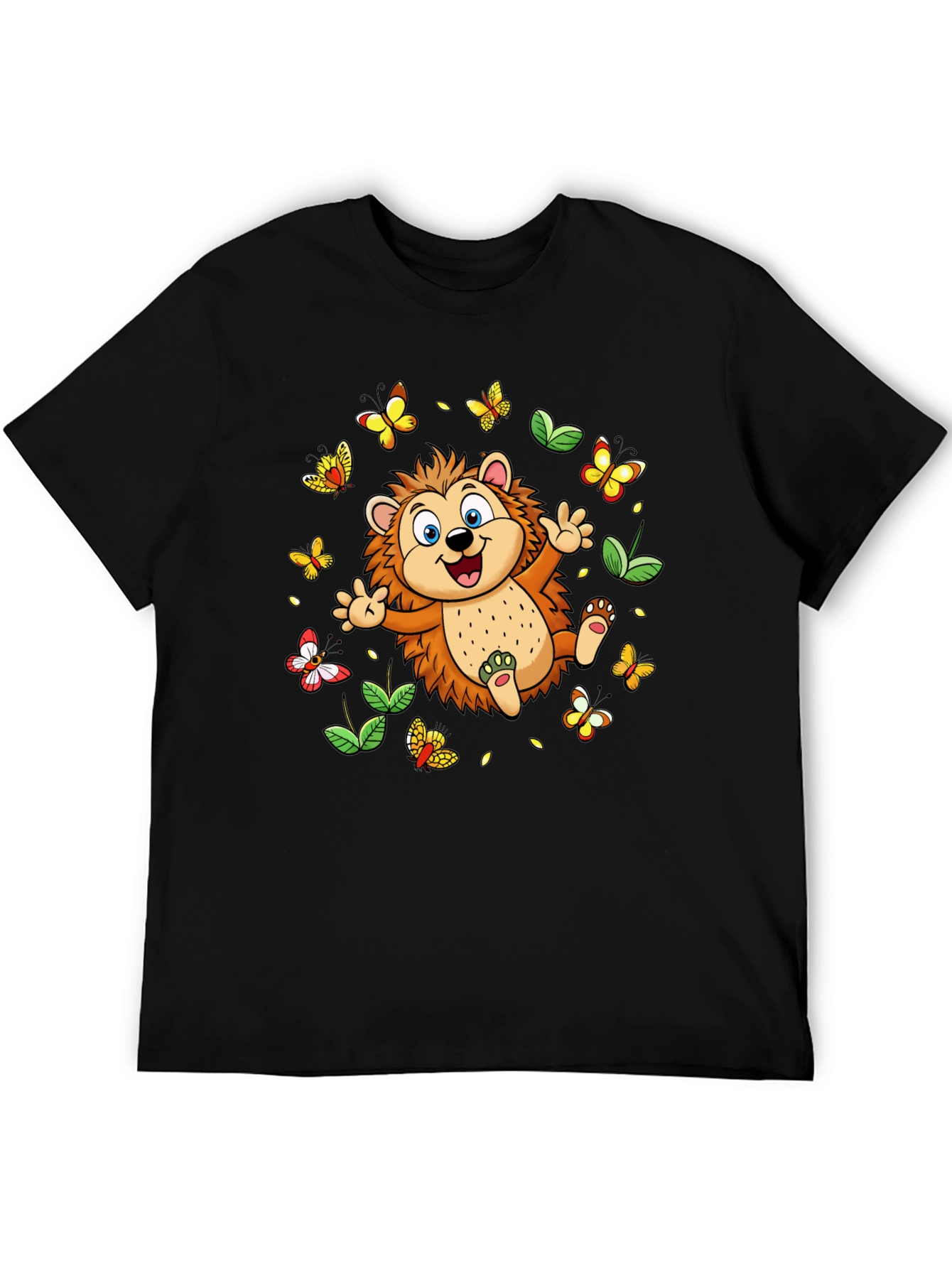 Cute Hedgehog & Butterflies Black T-Shirt