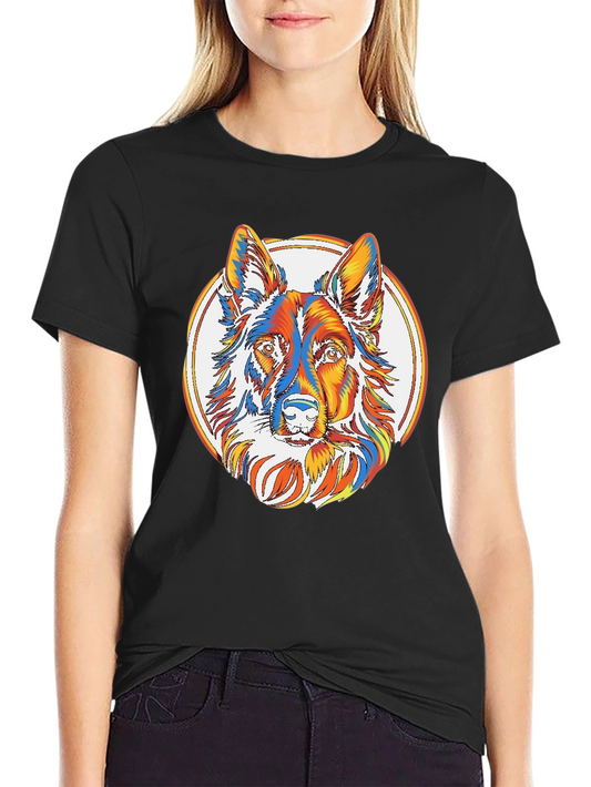 Colorful Dog Graphic Tee - Black Cotton Shirt