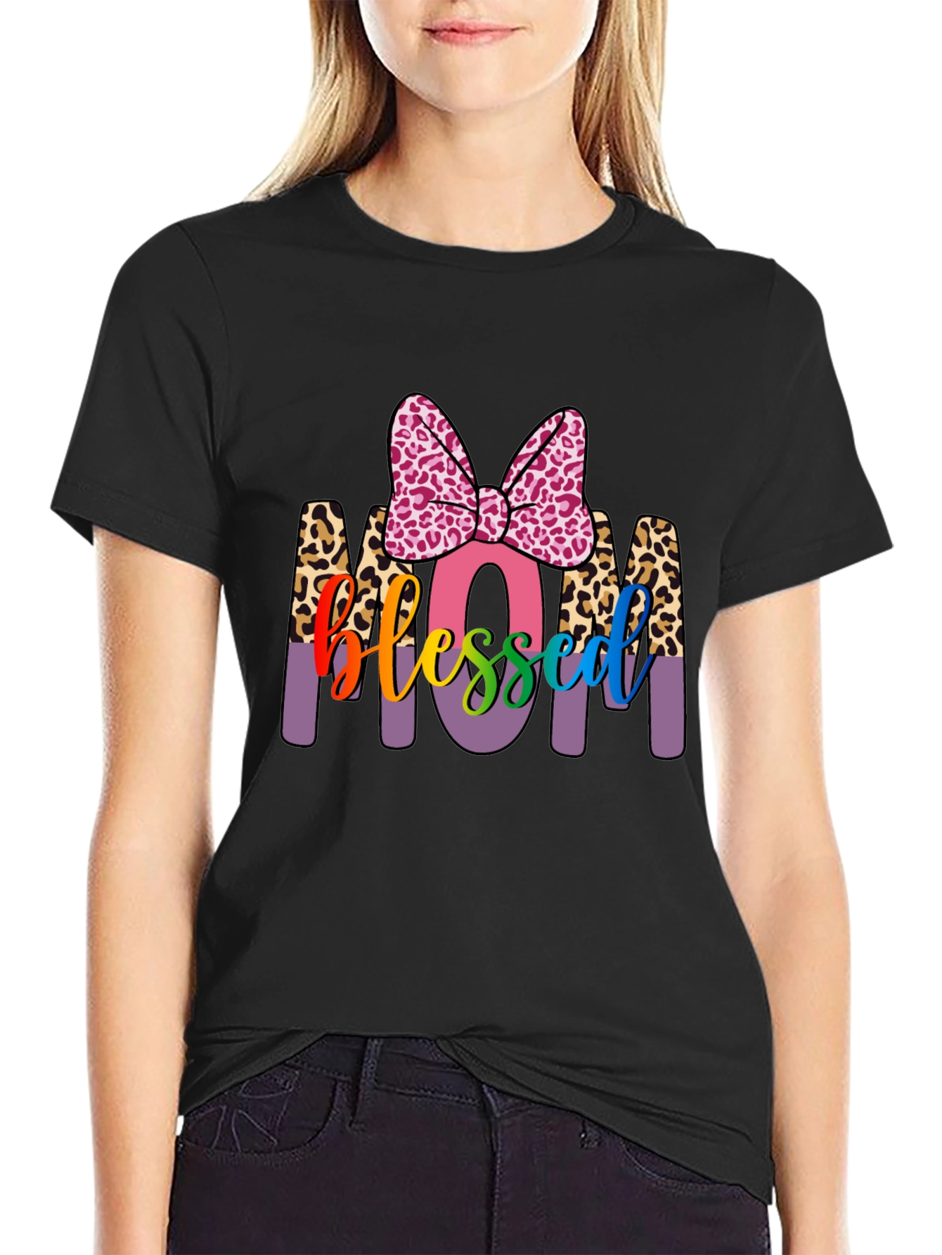 Blessed Mom T-Shirt with Leopard Print Accents