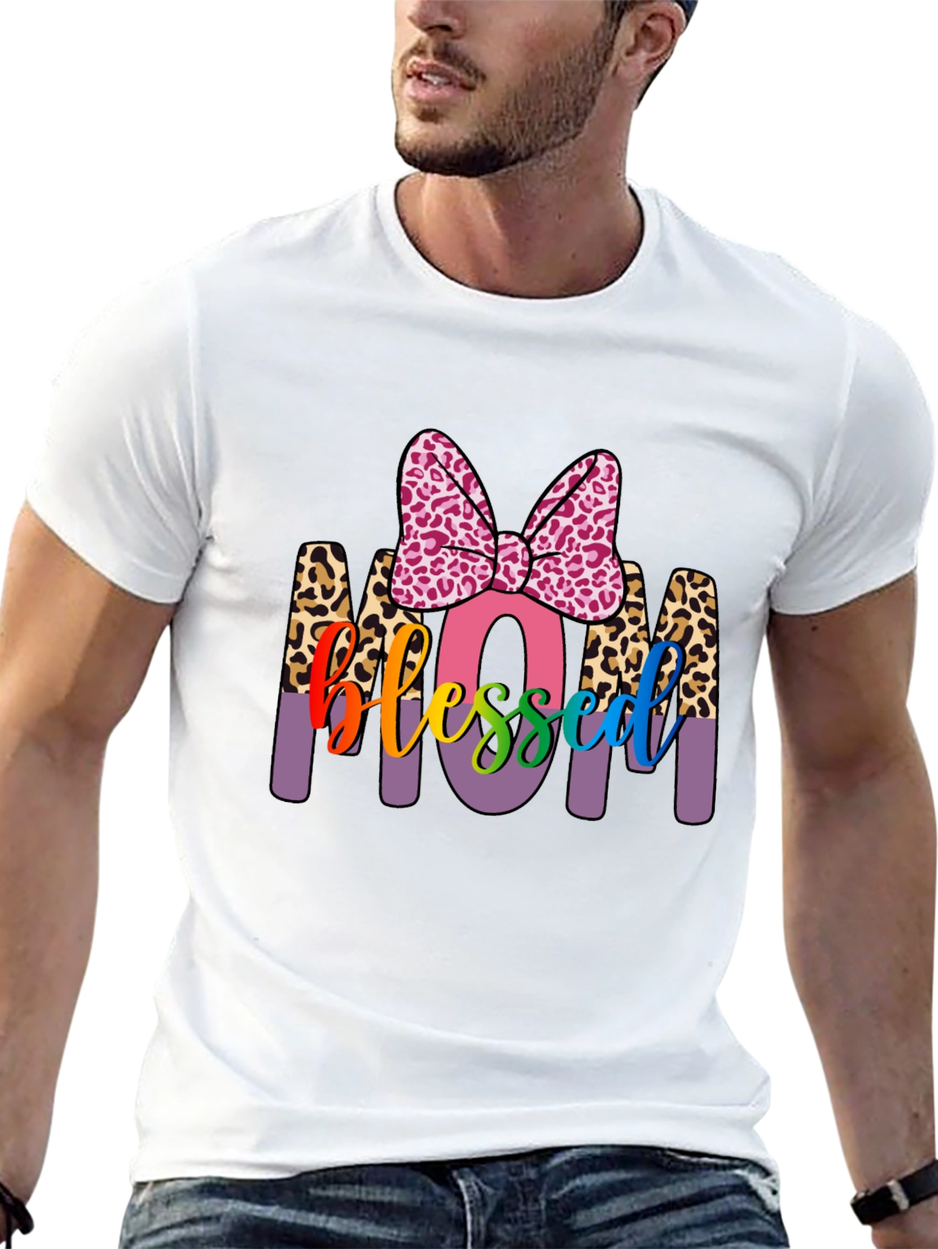 Blessed Mom T-Shirt with Leopard Print Accents