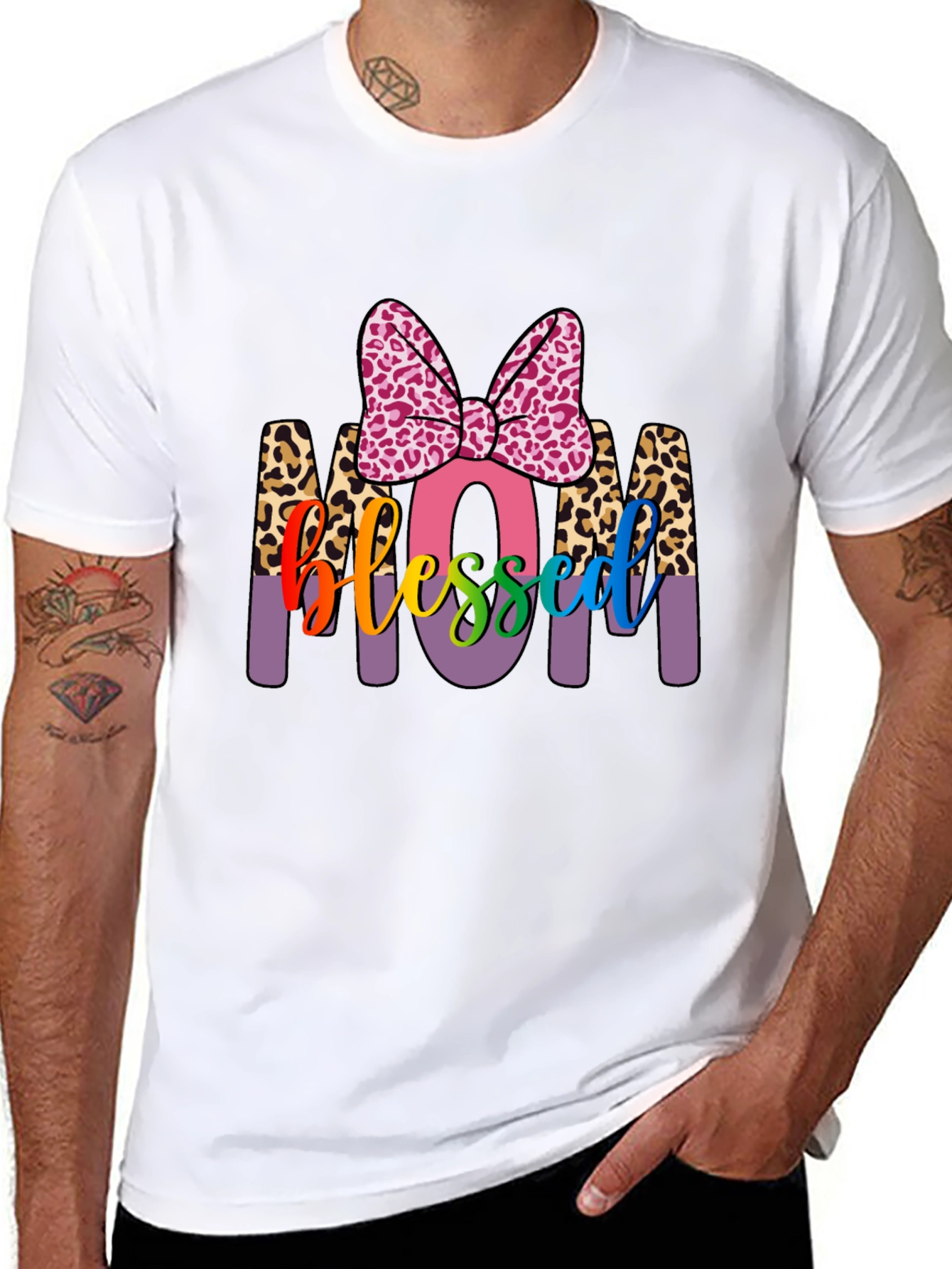 Blessed Mom T-Shirt with Leopard Print Accents