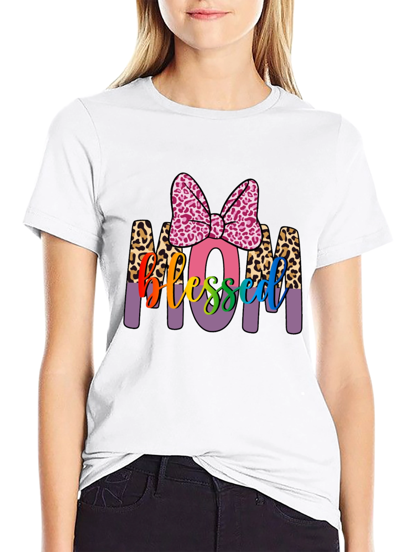 Blessed Mom T-Shirt with Leopard Print Accents