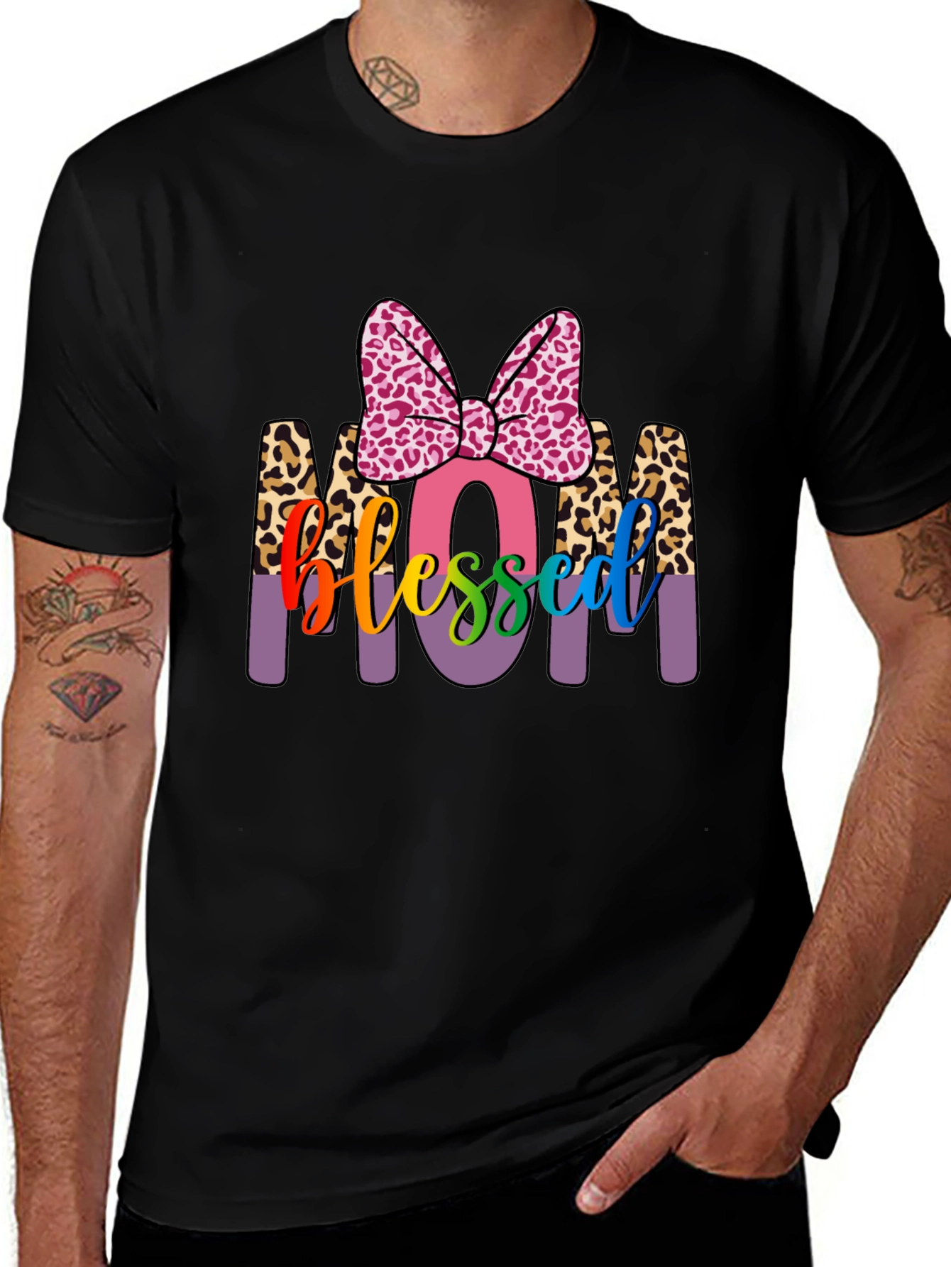 Blessed Mom T-Shirt with Leopard Print Accents
