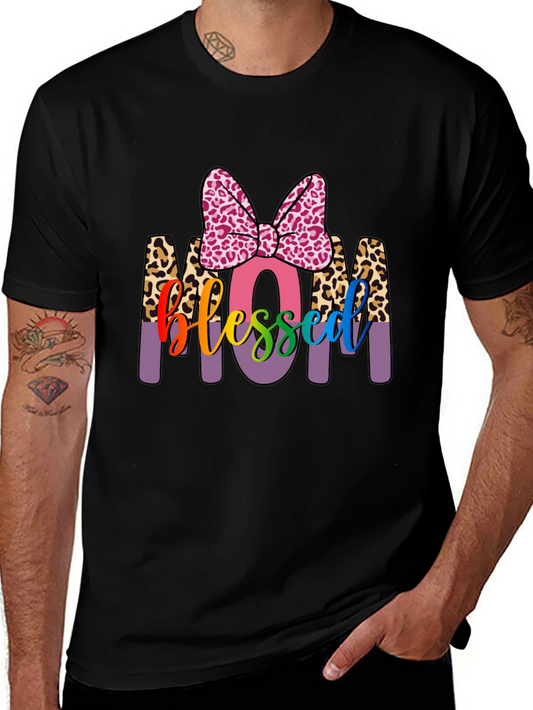 Blessed Mom T-Shirt with Leopard Print Accents