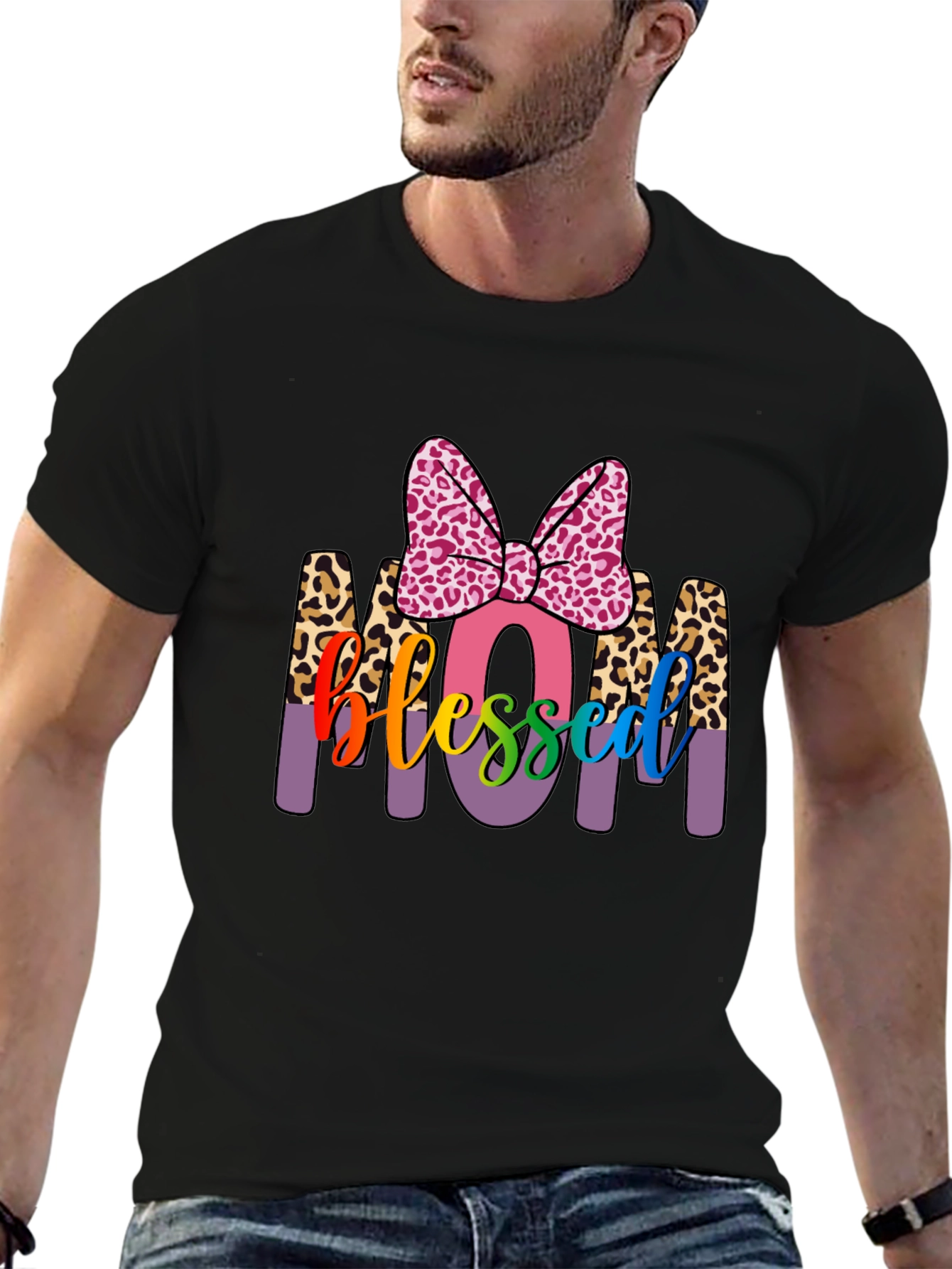 Blessed Mom T-Shirt with Leopard Print Accents