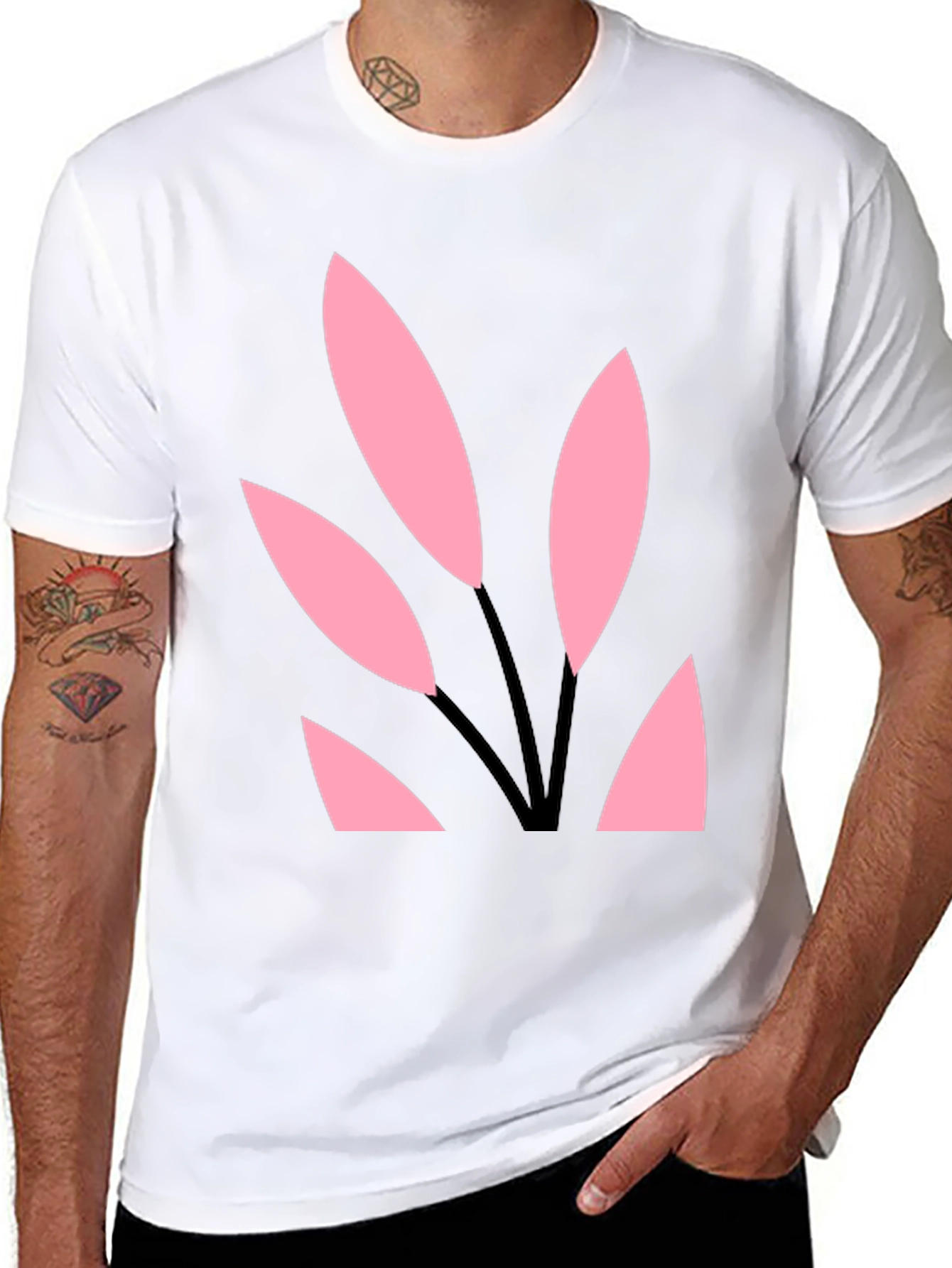 Black Tee with Abstract Pink Leaf Design