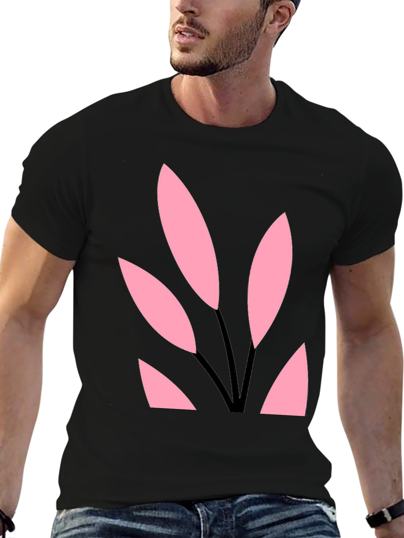 Black Tee with Abstract Pink Leaf Design