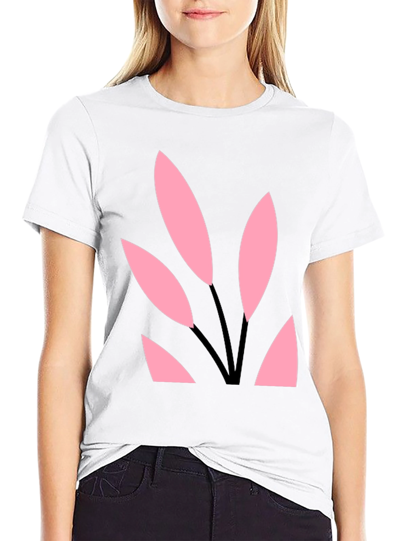 Black Tee with Abstract Pink Leaf Design