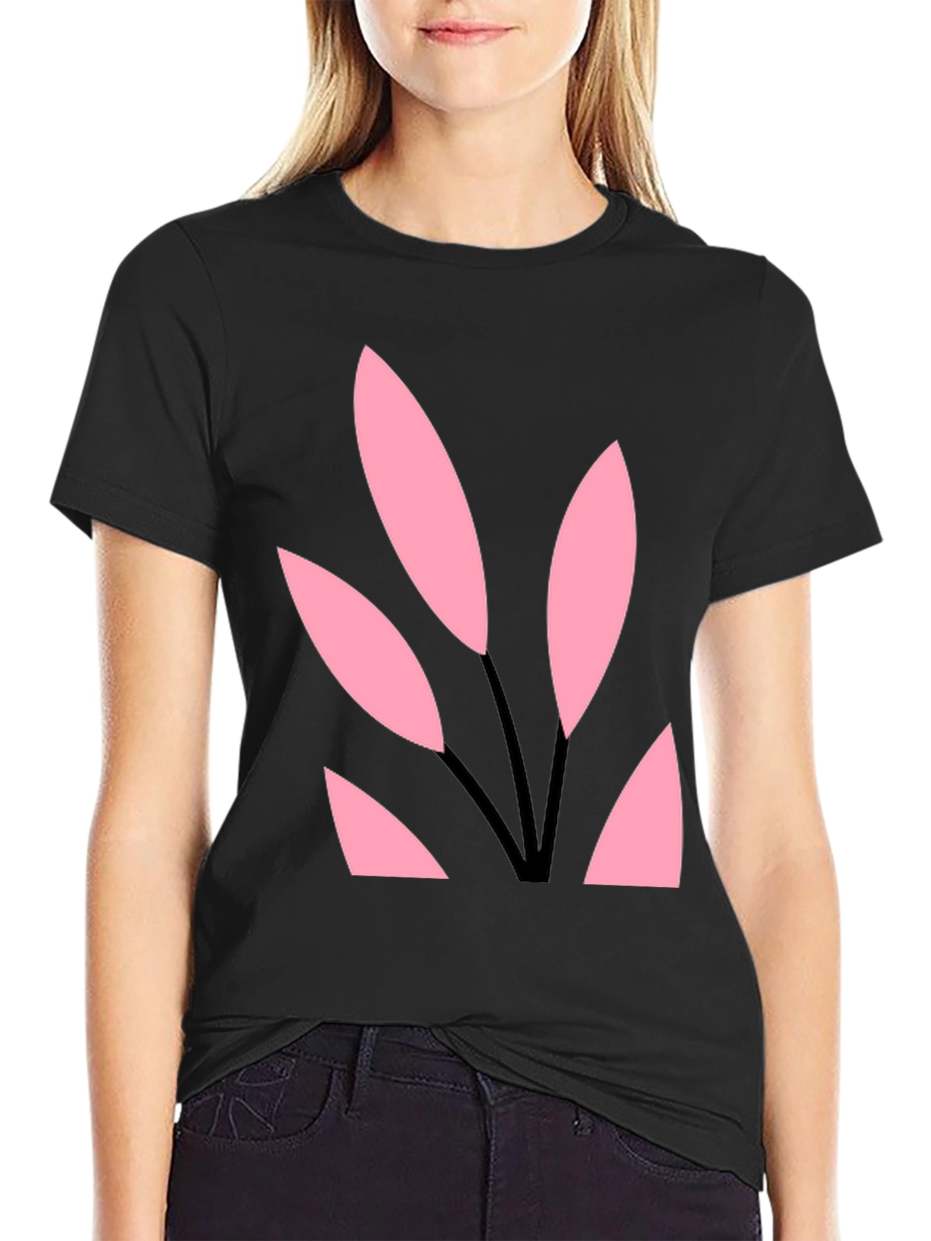 Black Tee with Abstract Pink Leaf Design