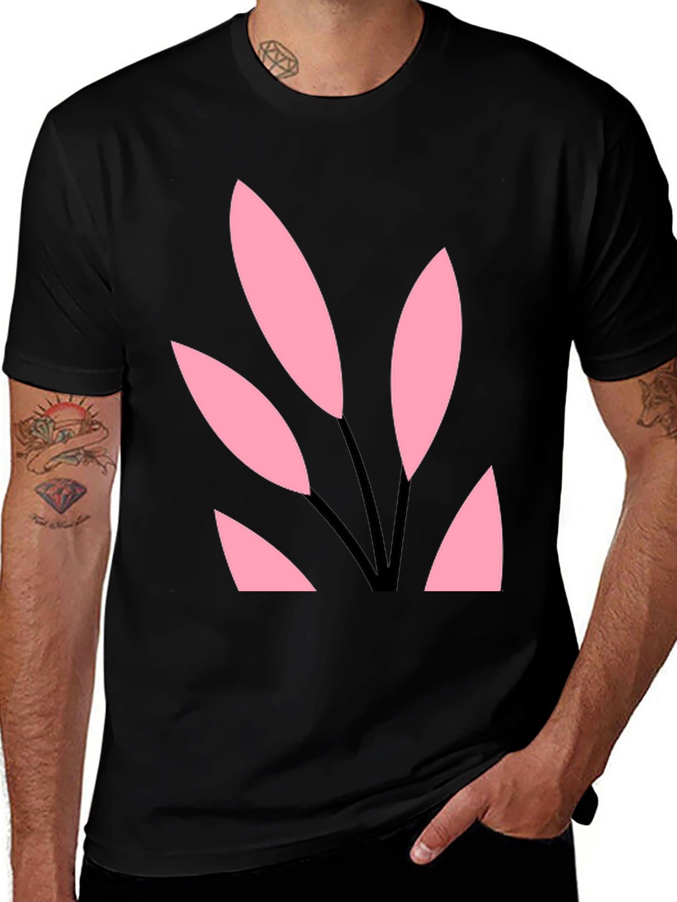 Black Tee with Abstract Pink Leaf Design