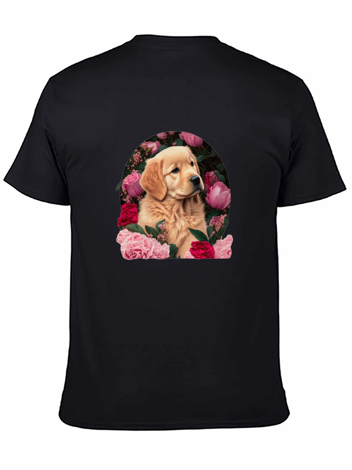 Golden Retriever & Floral Black T-Shirt