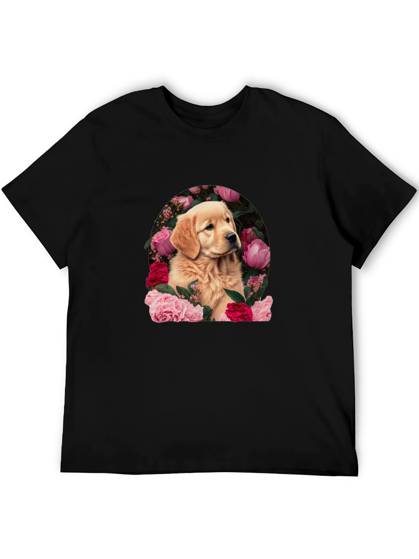 Golden Retriever & Floral Black T-Shirt