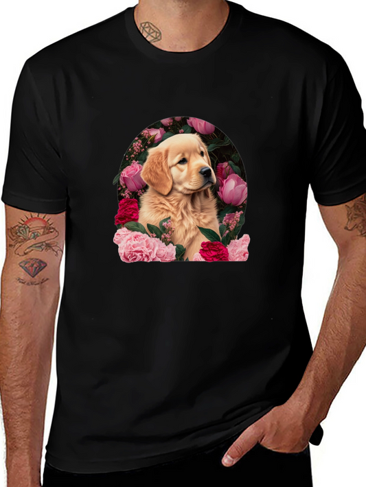 Golden Retriever & Floral Black T-Shirt
