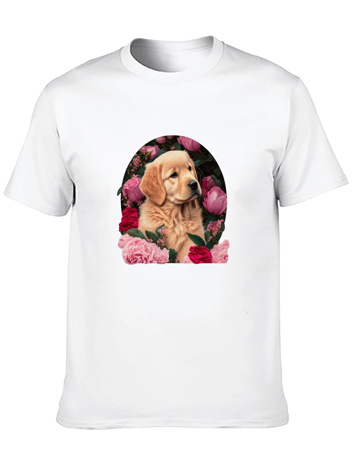 Golden Retriever & Floral Black T-Shirt
