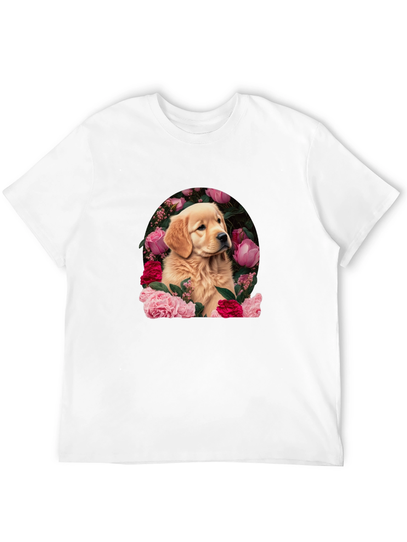 Golden Retriever & Floral Black T-Shirt