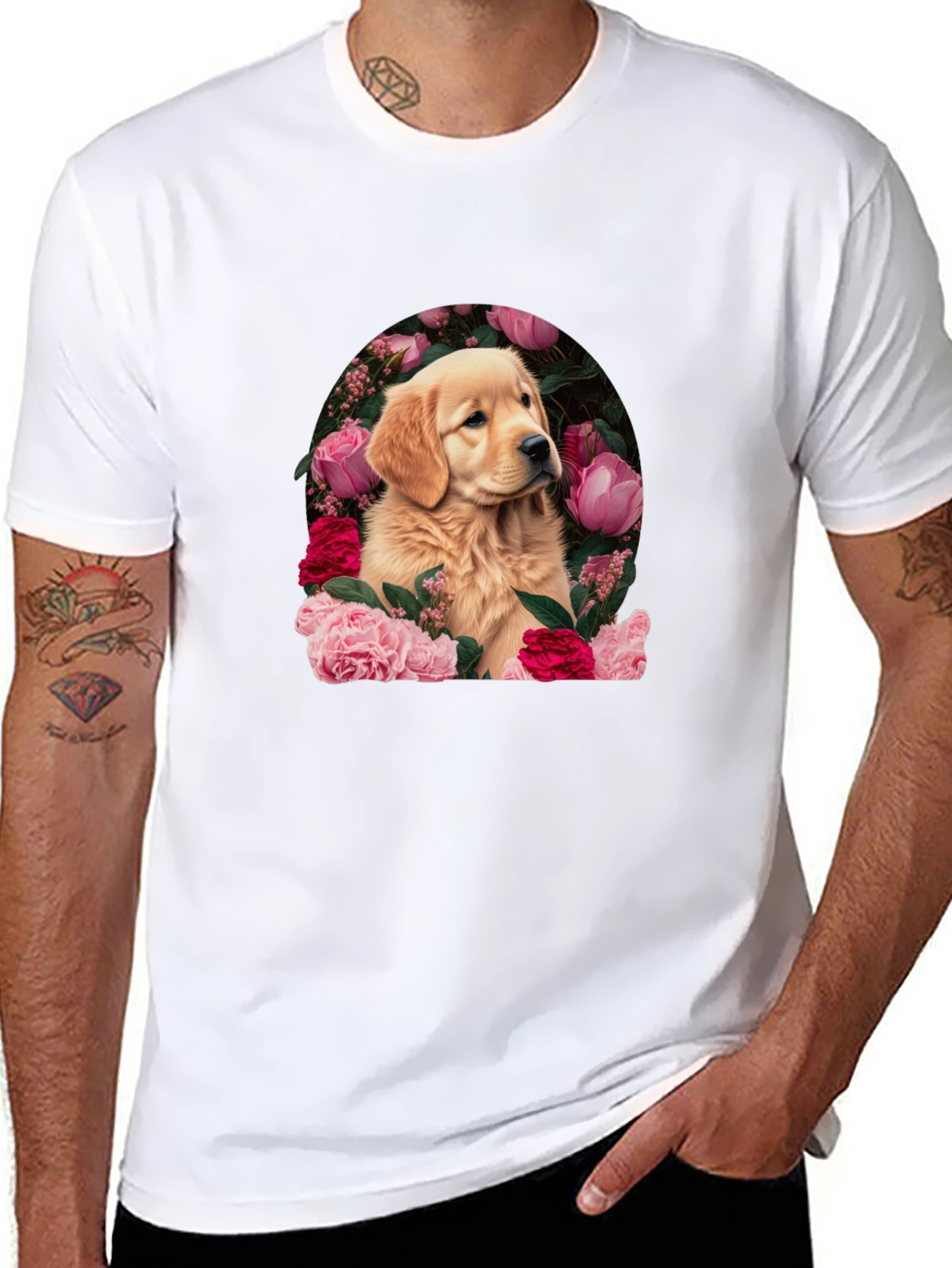 Golden Retriever & Floral Black T-Shirt