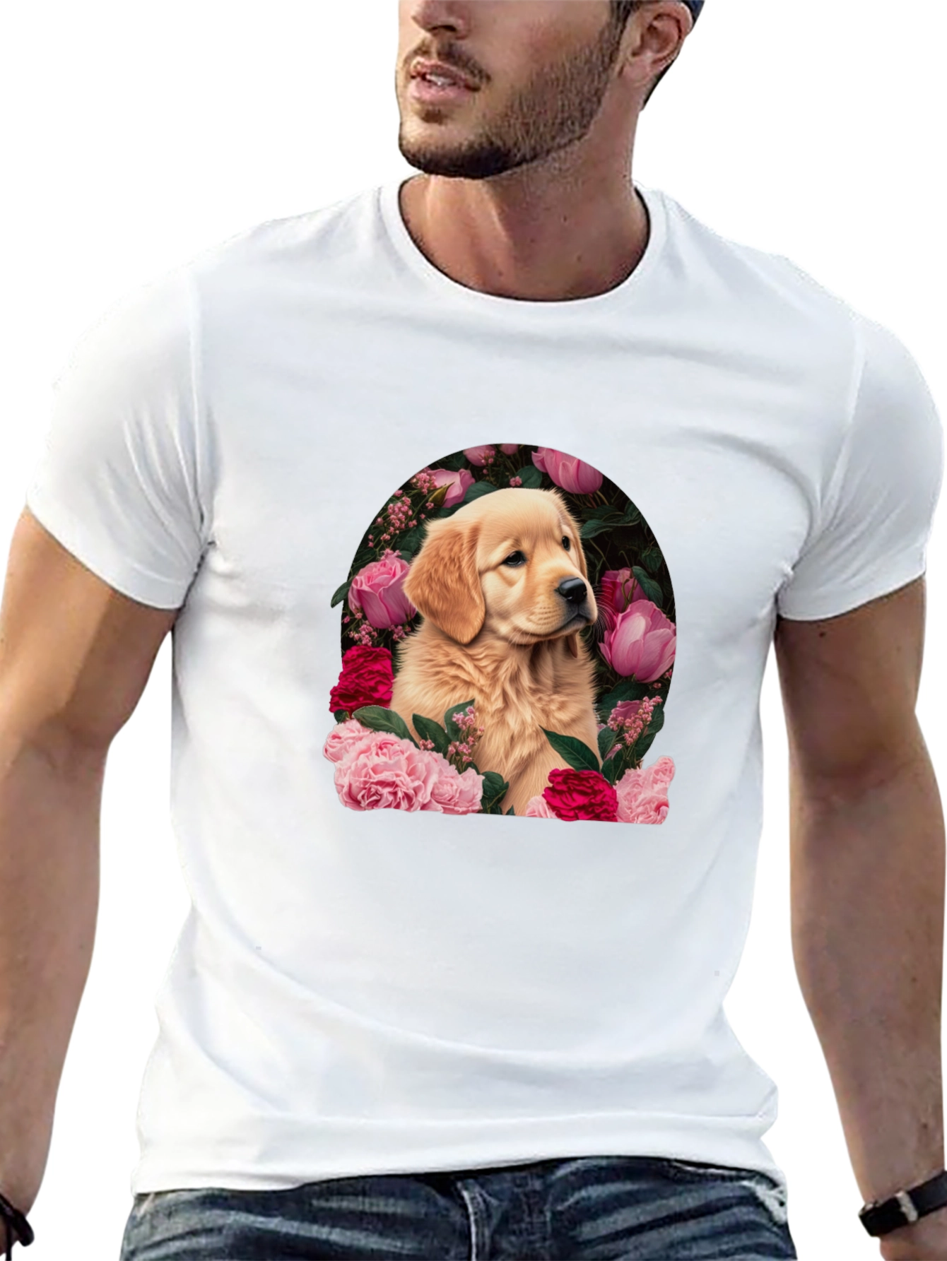 Golden Retriever & Floral Black T-Shirt