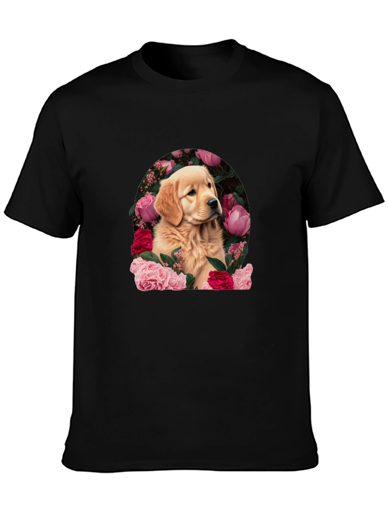 Golden Retriever & Floral Black T-Shirt